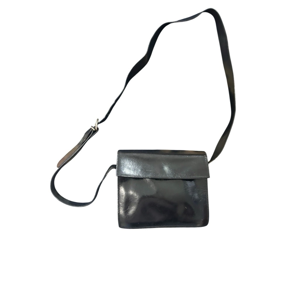 Vintage Talbots Black Leather Shoulder Italy Minimalist Crossbody Flap Purse